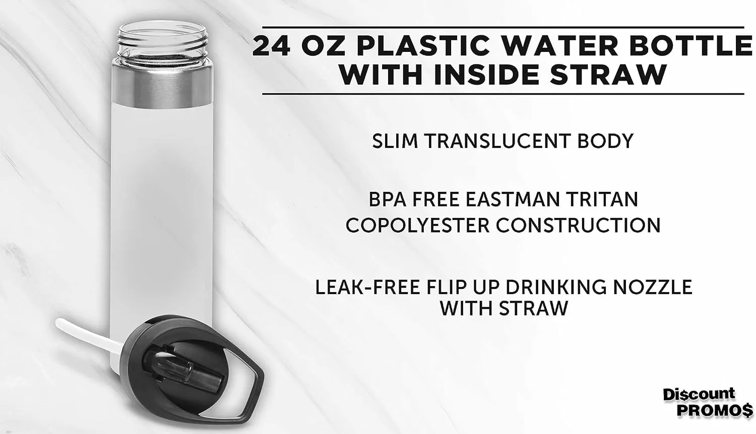 DISCOUNT PROMOS Plastic Water Bottle 24 oz with Inside Straw - BPA Free, Screw-On Cap, Flip Top Nozzle Mechanism - Slim Translucent Body - Eastman Tritan Copolyester - Clear - 10 Pack