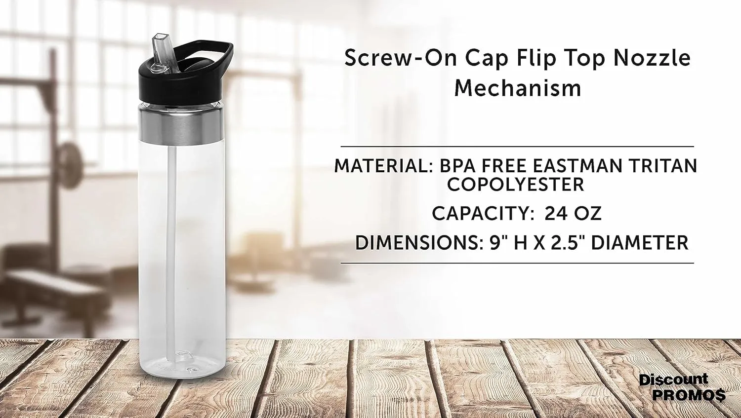 DISCOUNT PROMOS Plastic Water Bottle 24 oz with Inside Straw - BPA Free, Screw-On Cap, Flip Top Nozzle Mechanism - Slim Translucent Body - Eastman Tritan Copolyester - Clear - 10 Pack