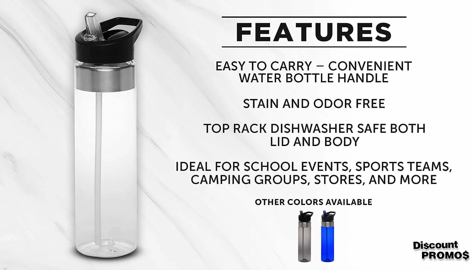 DISCOUNT PROMOS Plastic Water Bottle 24 oz with Inside Straw - BPA Free, Screw-On Cap, Flip Top Nozzle Mechanism - Slim Translucent Body - Eastman Tritan Copolyester - Clear - 10 Pack