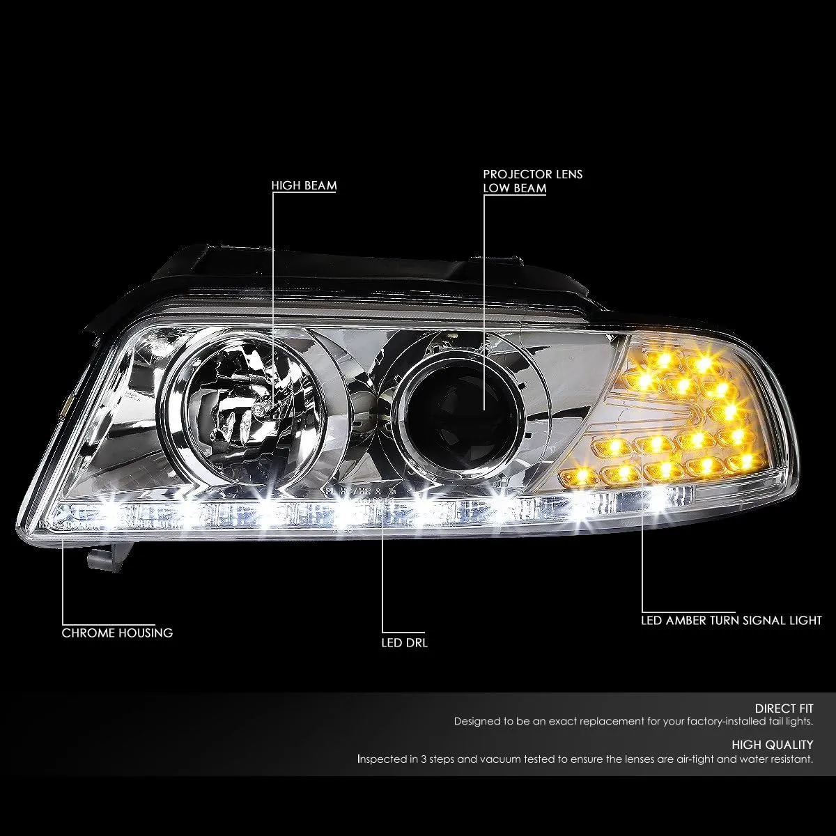 DNA MOTORING HL-HPL-DRL-A496-CH Chrome Amber Signal Projector Headlights With LED DRL Compatible with 99-01 A4 & Quattro Models