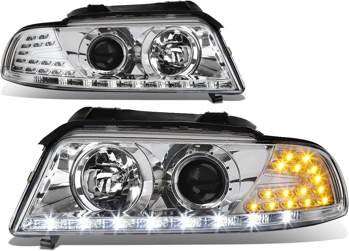 DNA MOTORING HL-HPL-DRL-A496-CH Chrome Amber Signal Projector Headlights With LED DRL Compatible with 99-01 A4 & Quattro Models