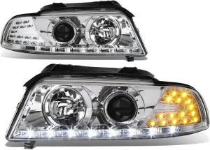 DNA MOTORING HL-HPL-DRL-A496-CH Chrome Amber Signal Projector Headlights With LED DRL Compatible with 99-01 A4 & Quattro Models