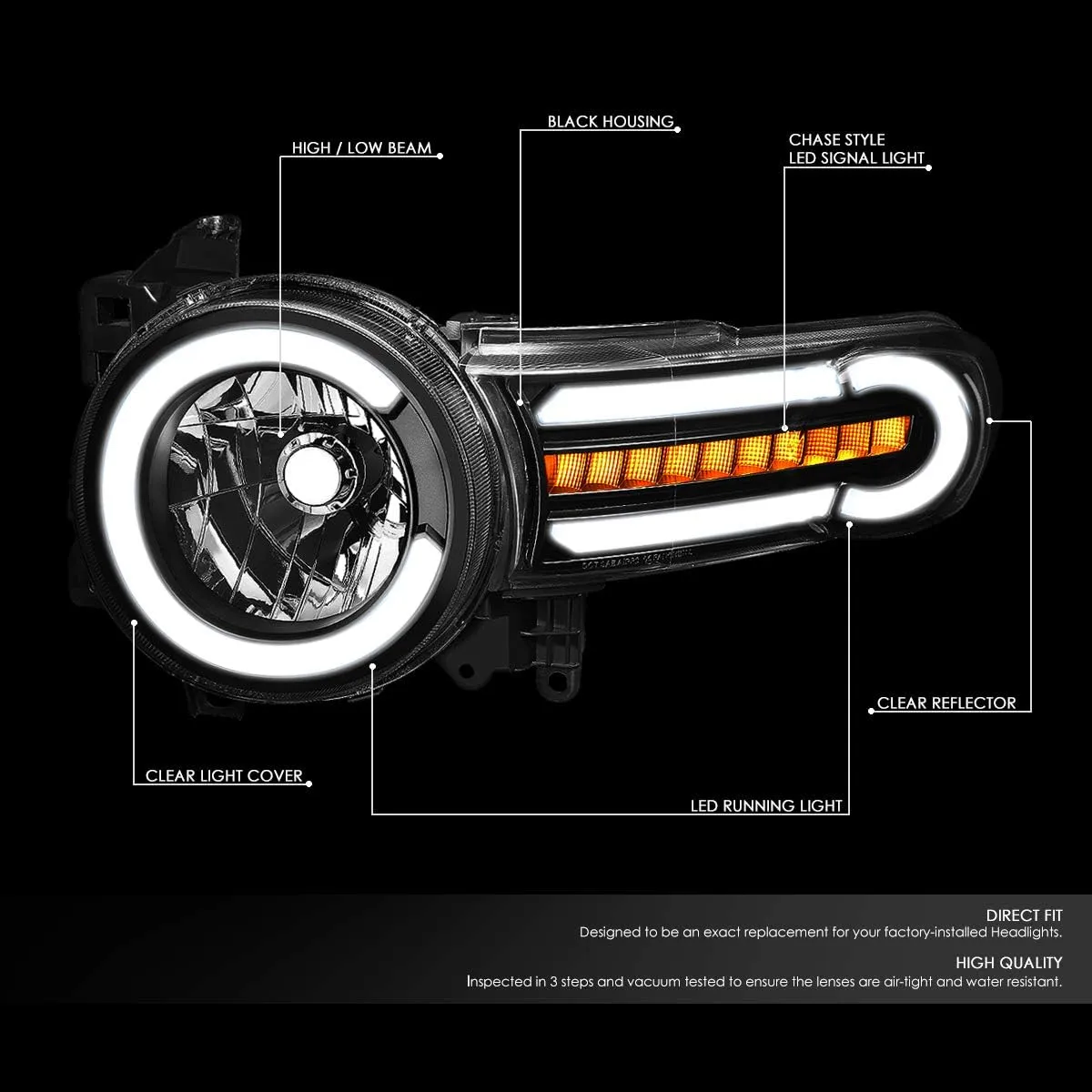 DNA MOTORING HL-LB-FJC07-BK-CL1 Black Headlights With LED DRL Sequential Turn Signal Compatible with 07-14 FJ Cruiser