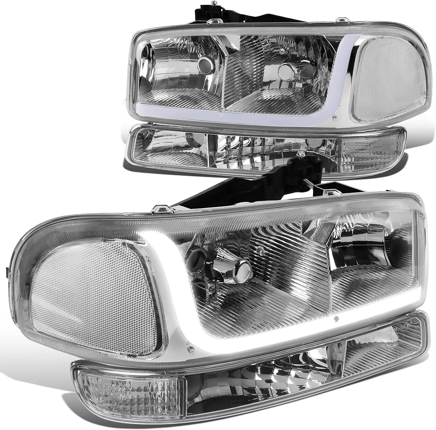 DNA MOTORING HL-LB-SIERRA99-CH-CL1 4PCs LED DRL Strip Headlight Bumper Lamp[99-07 GMC Sierra/Yukon],Chrome Clear