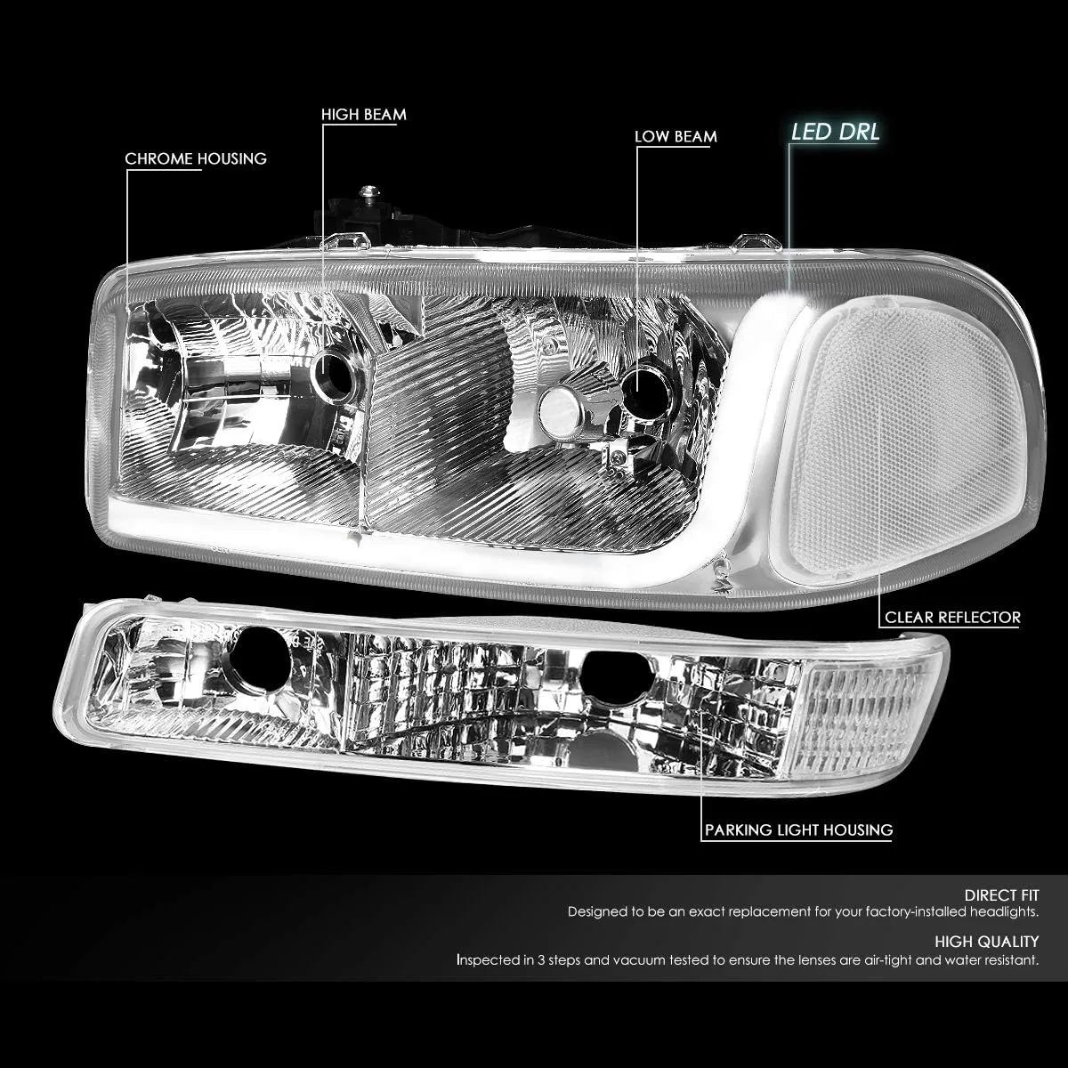 DNA MOTORING HL-LB-SIERRA99-CH-CL1 4PCs LED DRL Strip Headlight Bumper Lamp[99-07 GMC Sierra/Yukon],Chrome Clear
