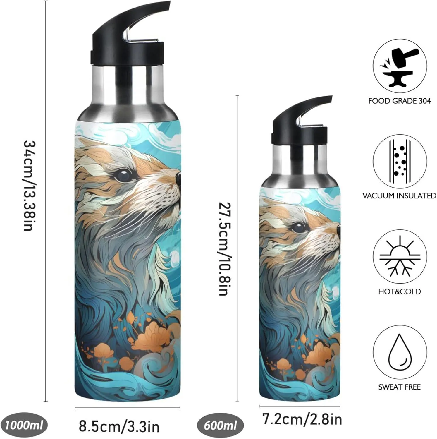 Doodle Cartoon Otter Sport Water Bottle Insulated Stainless Steel Large Vacuum Flask Leak Proof Thermos with Straw for Travel(600ml/1000ml)