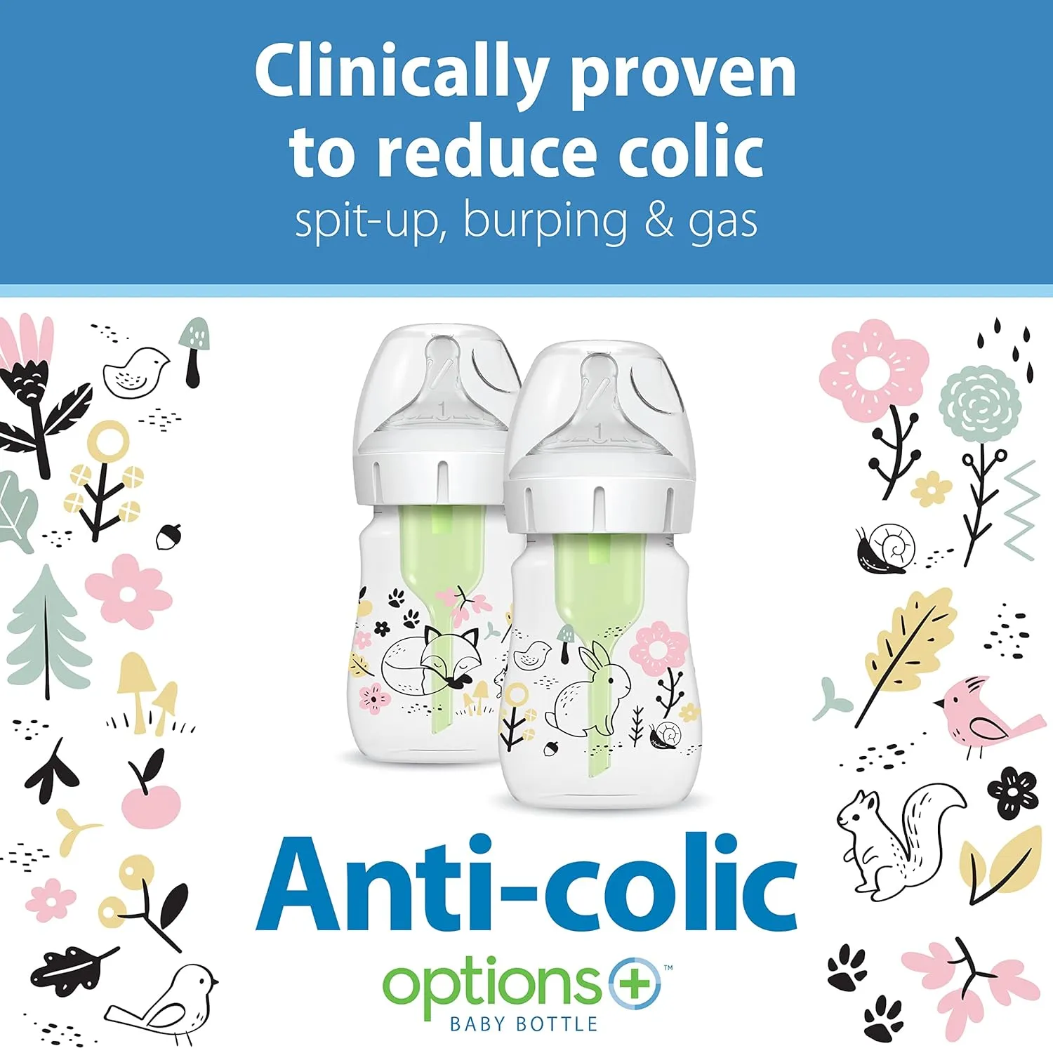Dr. Brown’s Natural Flow Anti-Colic Options  Wide-Neck Baby Bottle Designer Edition Bottles, Woodland Decos, 5 oz/150 mL, Level 1 Nipple, 2-Pack, 0m 