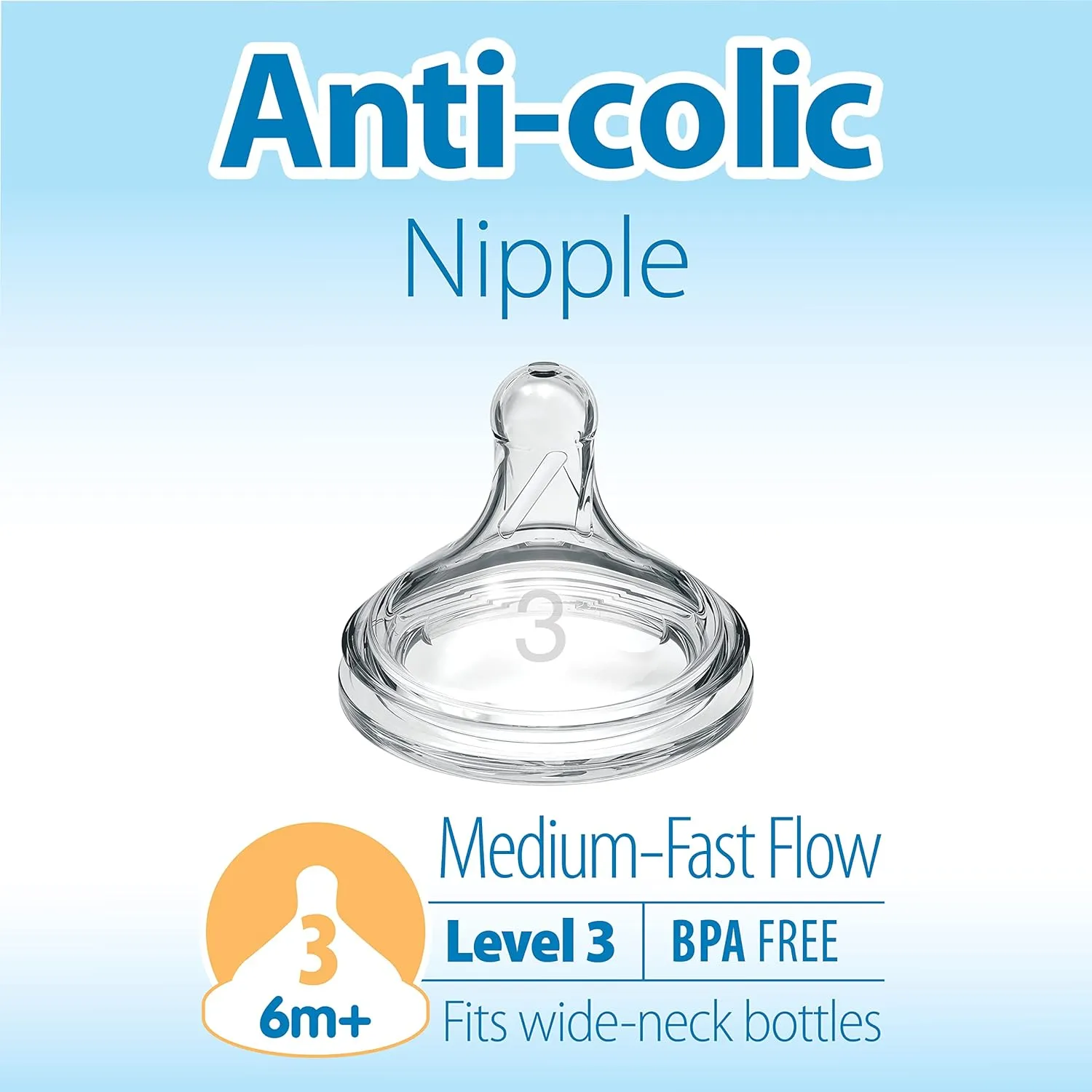 Dr. Brown's Natural Flow Level 3 Wide-Neck Baby Bottle Silicone Nipple, Medium-Fast Flow, 6m . 100% Silicone Bottle Nipple, 6 Count (Pack of 1)