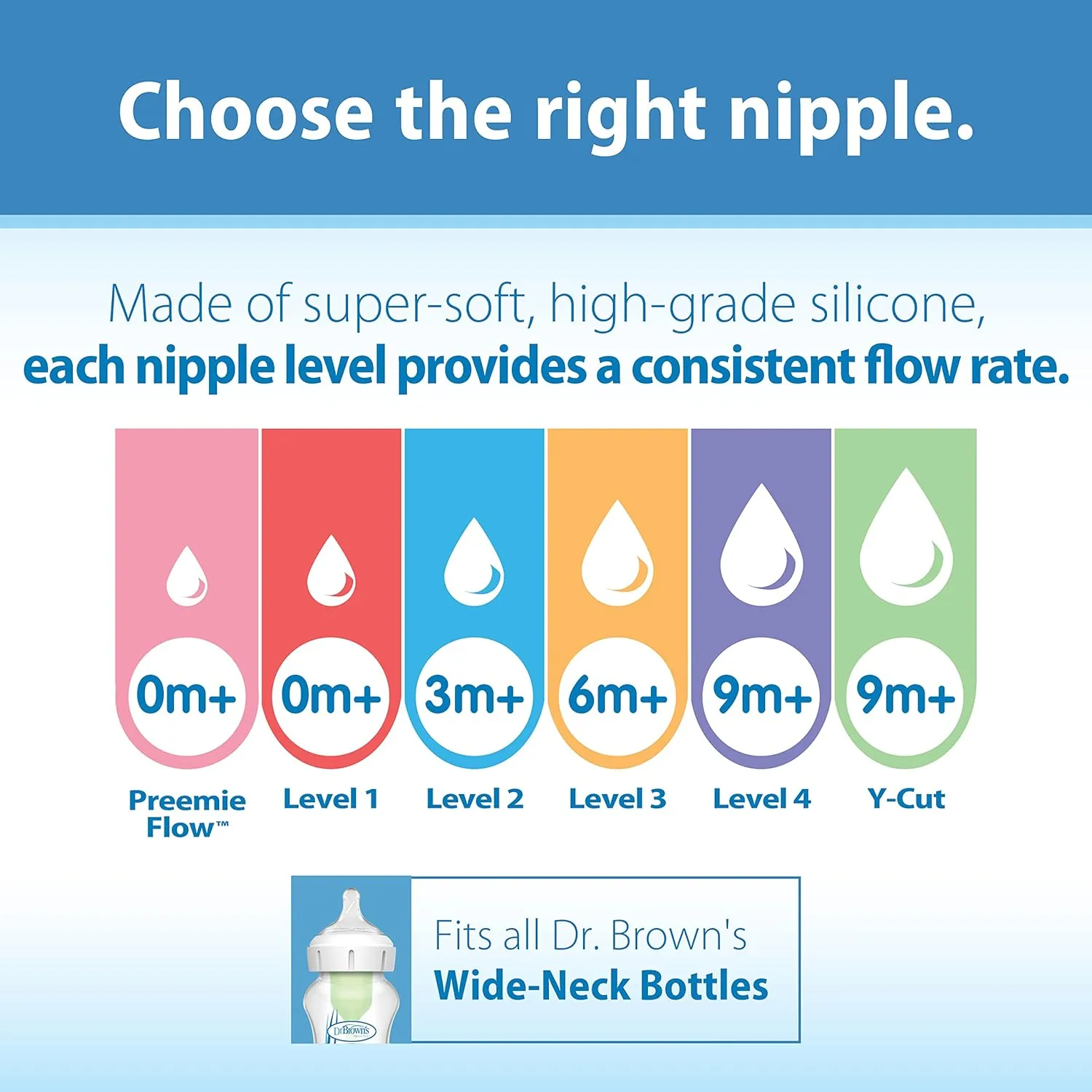 Dr. Brown's Natural Flow Level 3 Wide-Neck Baby Bottle Silicone Nipple, Medium-Fast Flow, 6m . 100% Silicone Bottle Nipple, 6 Count (Pack of 1)