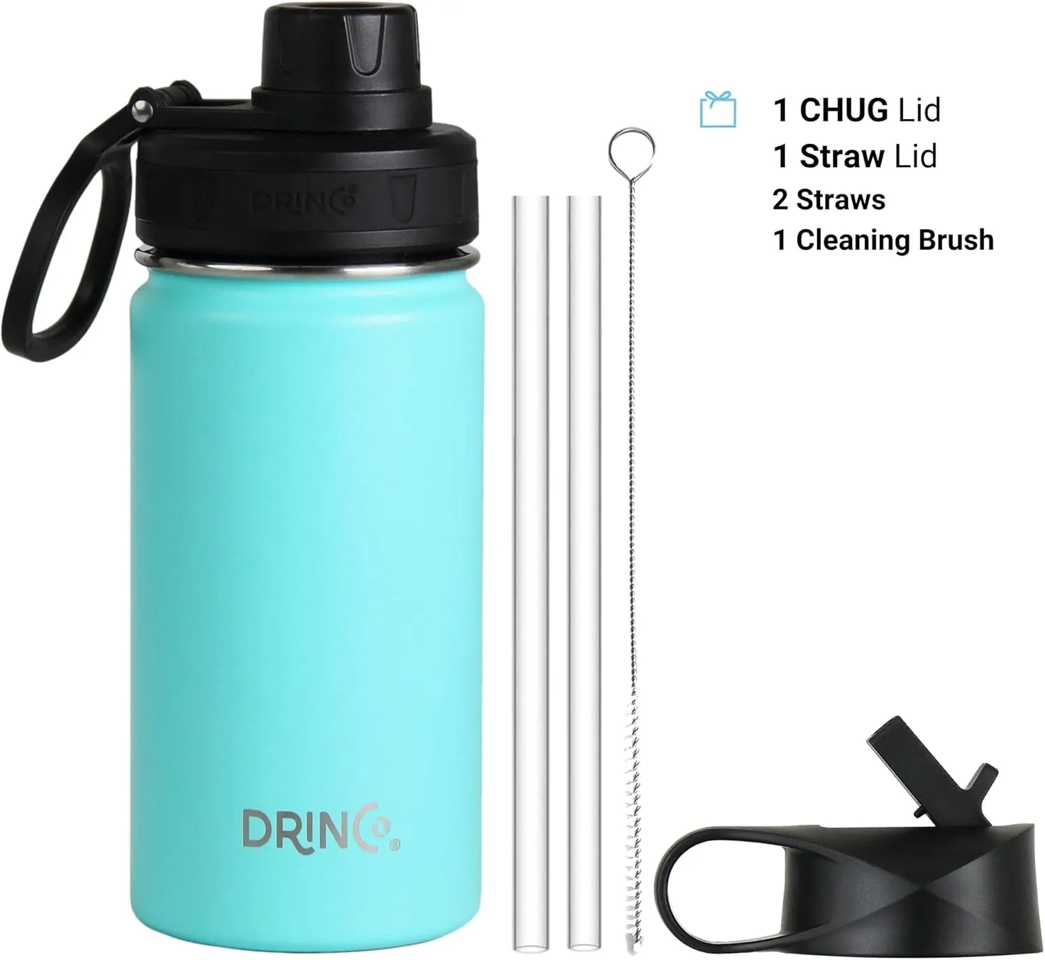 DRINCO Stainless Steel Water Bottle Spout Lid Vacuum Insulated Double Wall Water Bottle Wide Mouth (40oz 32oz 22oz 18oz 14oz) Leak Proof Keeps Cold or Hot (14 oz, 14oz Teal)