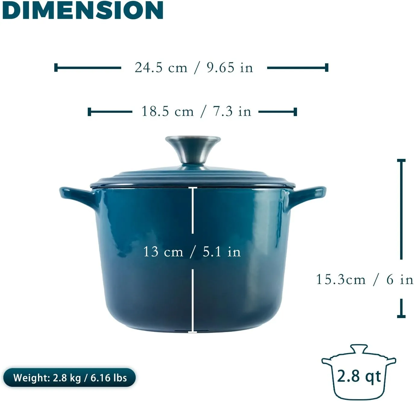 Dutch Oven Pot with Lid 2.8 qt Cast Iron Dutch Oven for Bread Baking DarkCyan Enameled Cast Iron Rice Pot with Handels