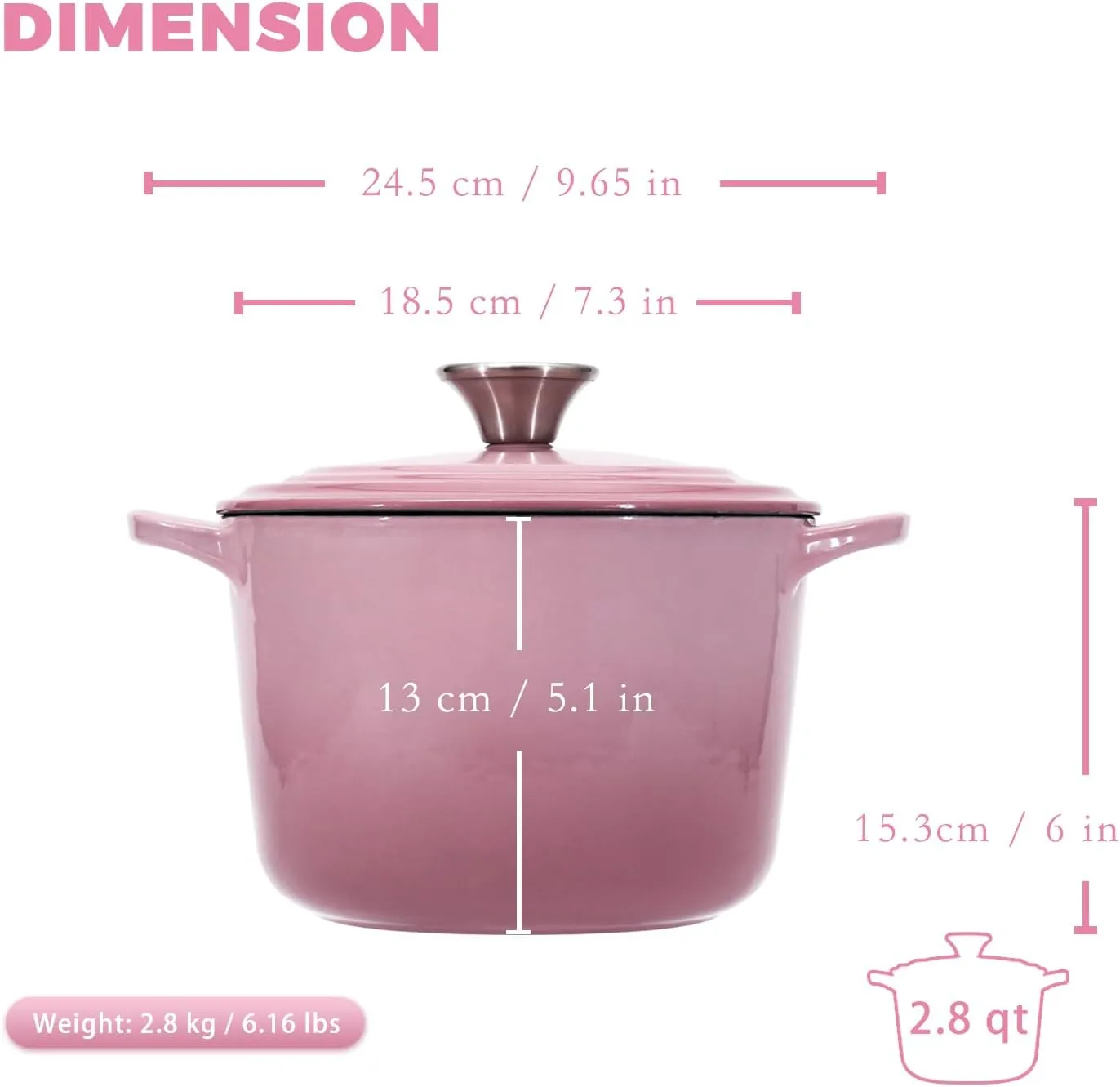 Dutch Oven Pot with Lid 2.8 qt Cast Iron Dutch Oven for Bread Baking Pink Enameled Cast Iron Rice Pot with Handels