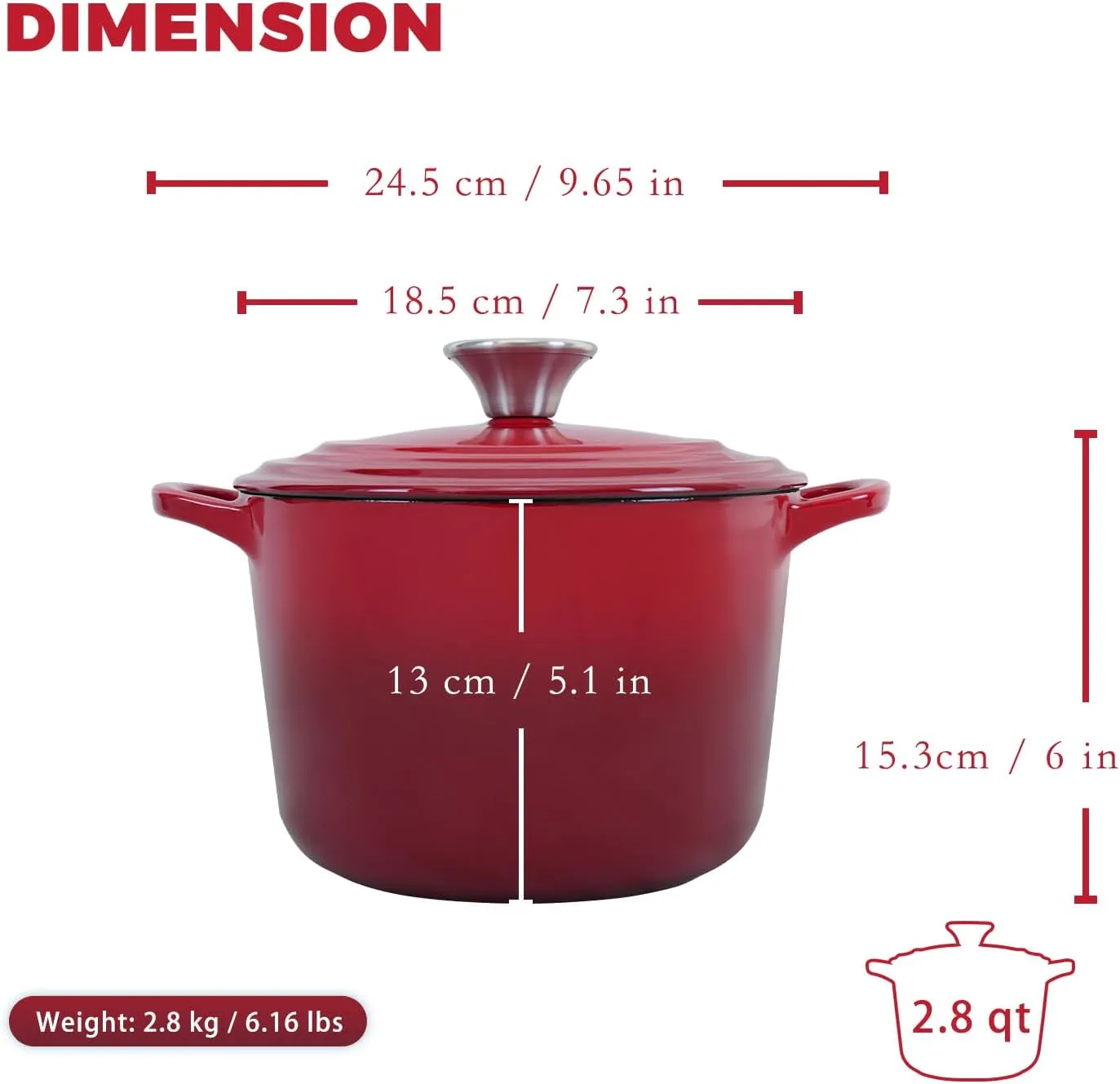 Dutch Oven Pot with Lid 2.8 qt Cast Iron Dutch Oven for Bread Baking Red Enameled Cast Iron Rice Pot with Handels