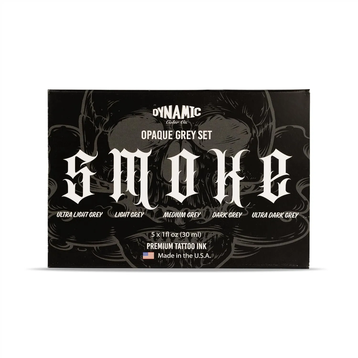 Dynamic Color Co- Smoke Set, Opaque Grey Tattoo Ink, 5 Shades From Ultra Light to Ultra Dark, Made in USA, Sterilized, 1 oz Bottles - For Professional Artists
