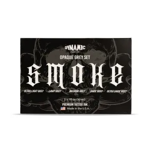 Dynamic Color Co- Smoke Set, Opaque Grey Tattoo Ink, 5 Shades From Ultra Light to Ultra Dark, Made in USA, Sterilized, 1 oz Bottles - For Professional Artists