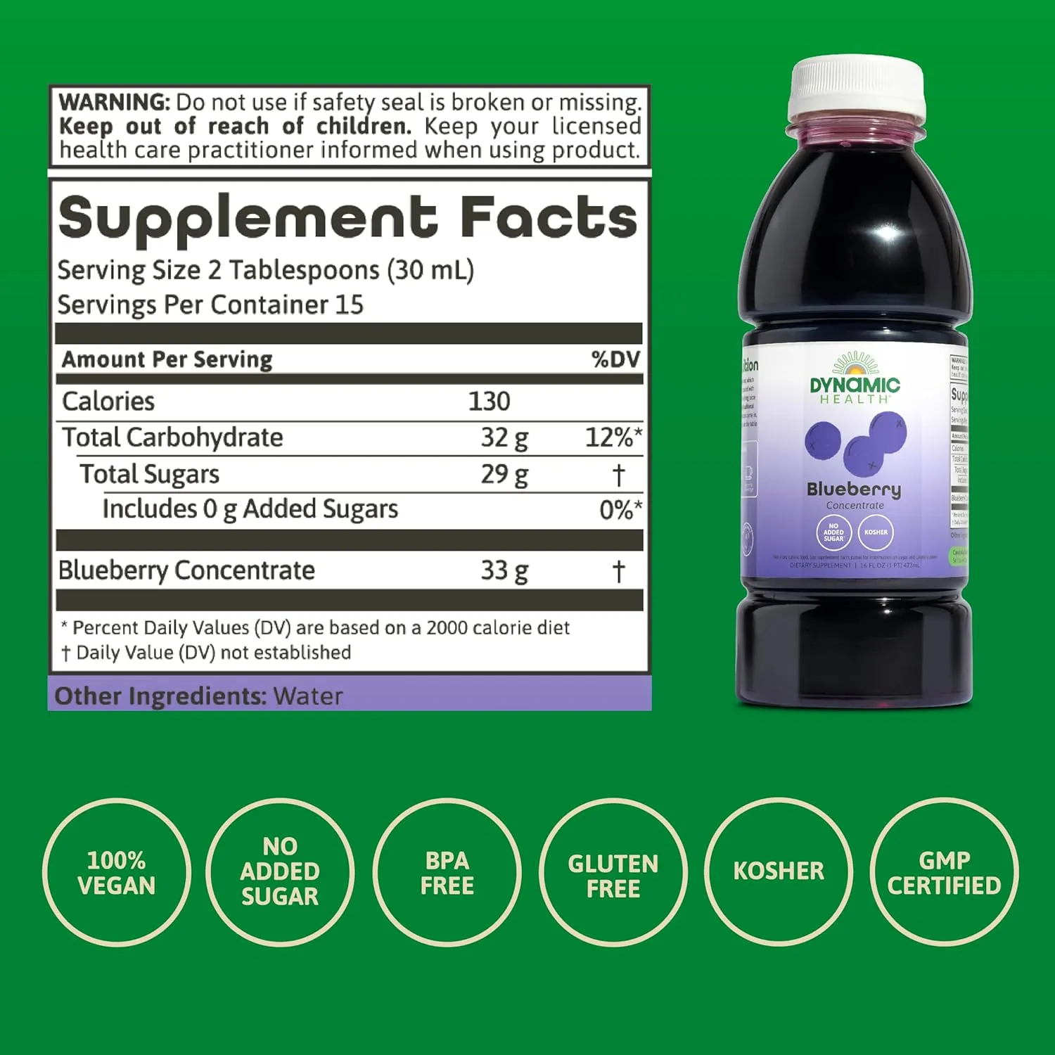 Dynamic Health Blueberry Concentrate, 100% Concentrate, Unsweetened, No Additives, Brain Function, Antioxidant Support, Vegan, Gluten Free, Non-GMO, 16 Fl oz