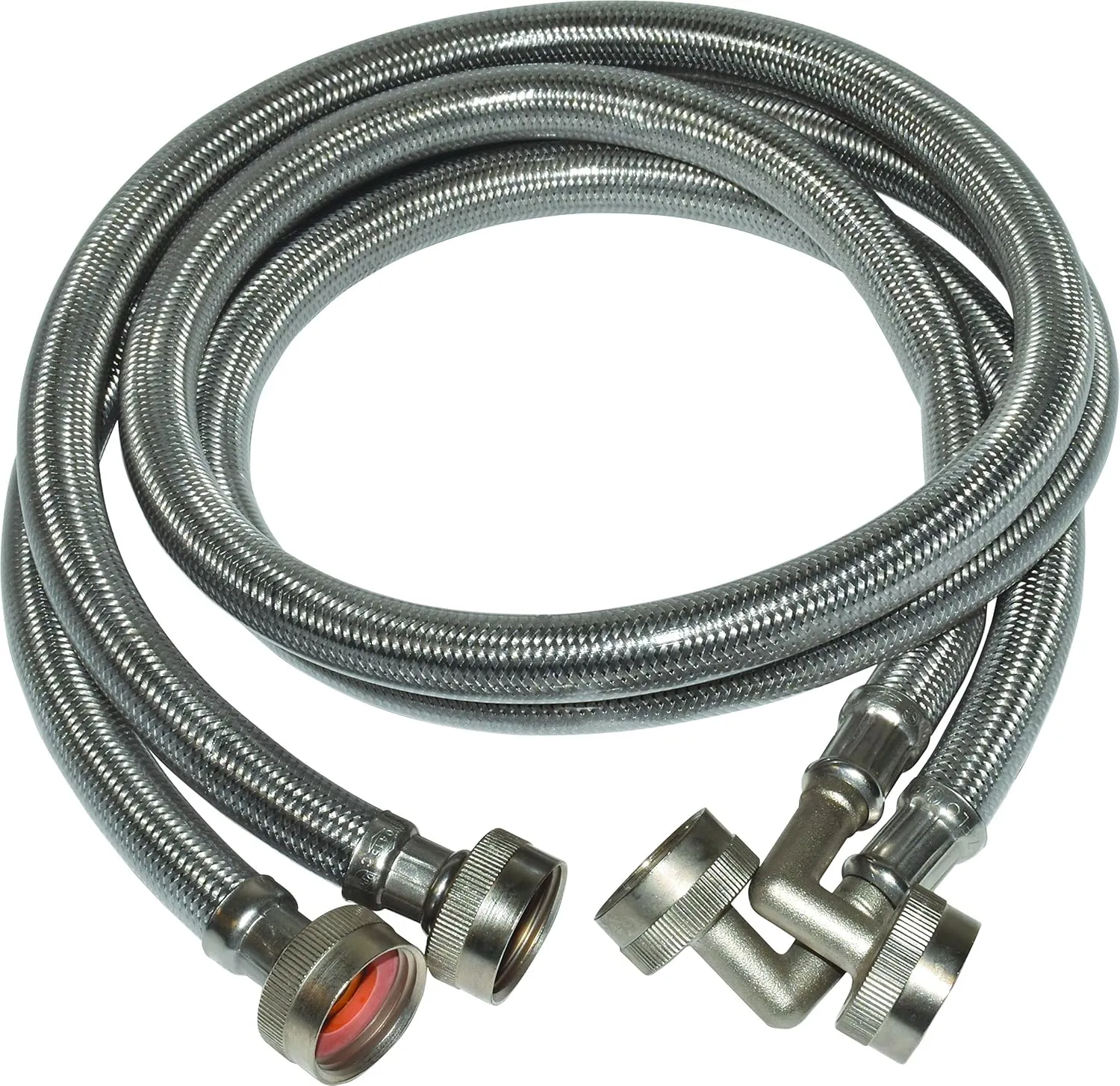 Eastman Washing Machine Connector, Pack of 2, 3/4 Inch FHT Connection, 90 Degree Elbow, 4 Foot Braided Stainless Steel Washing Machine Hoses, 48376