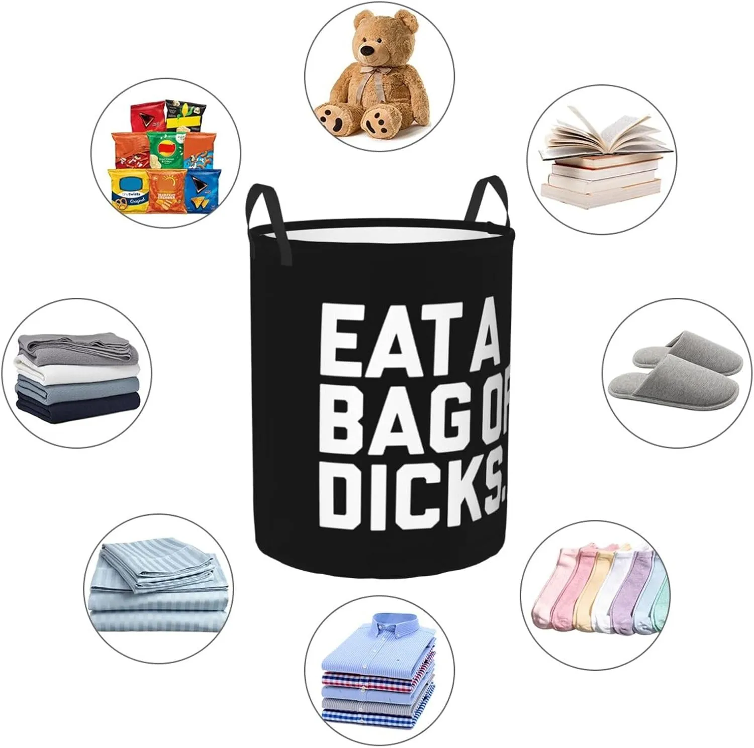 Eat A Bag of Dicks Large Laundry Basket for Bathroom, Bedroom, Dorm, Waterproof, Collapsible Round Clothes Basket Freestanding Laundry Hamper
