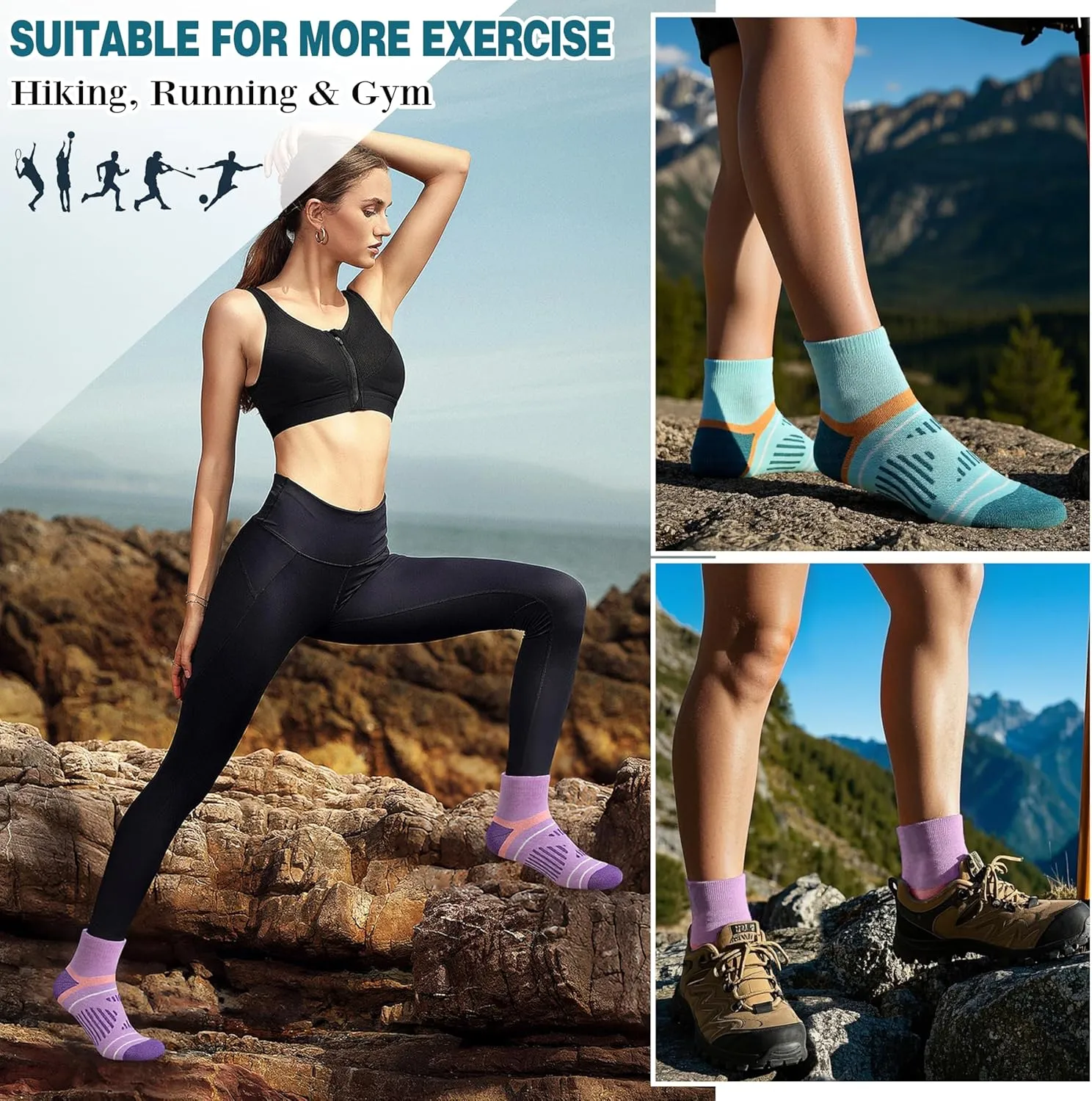 EBMORE 6 Pairs Merino Wool Ankle Hiking Running Socks Compression Support Thick Cushion No Show Socks for Men Women