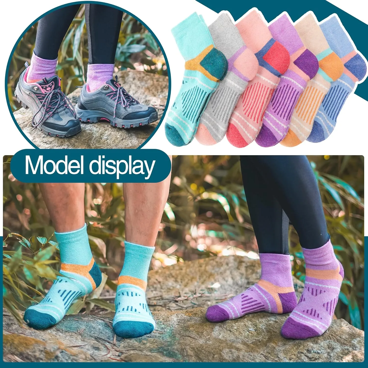 EBMORE 6 Pairs Merino Wool Ankle Hiking Running Socks Compression Support Thick Cushion No Show Socks for Men Women