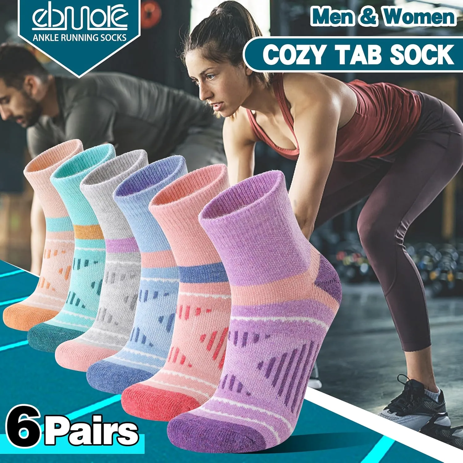 EBMORE 6 Pairs Merino Wool Ankle Hiking Running Socks Compression Support Thick Cushion No Show Socks for Men Women