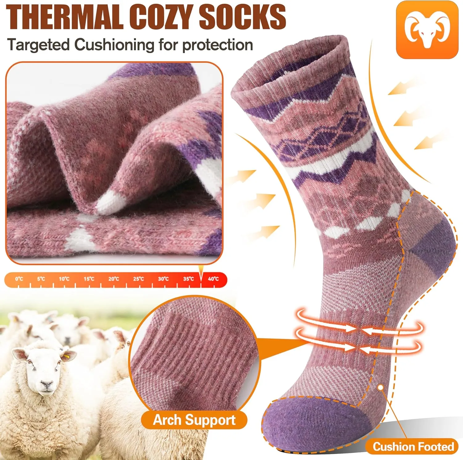 EBMORE Womens Merino Wool Hiking Socks Thermal Warm Winter Crew Cushion Work Boot Outdoor Socks 5 Pairs