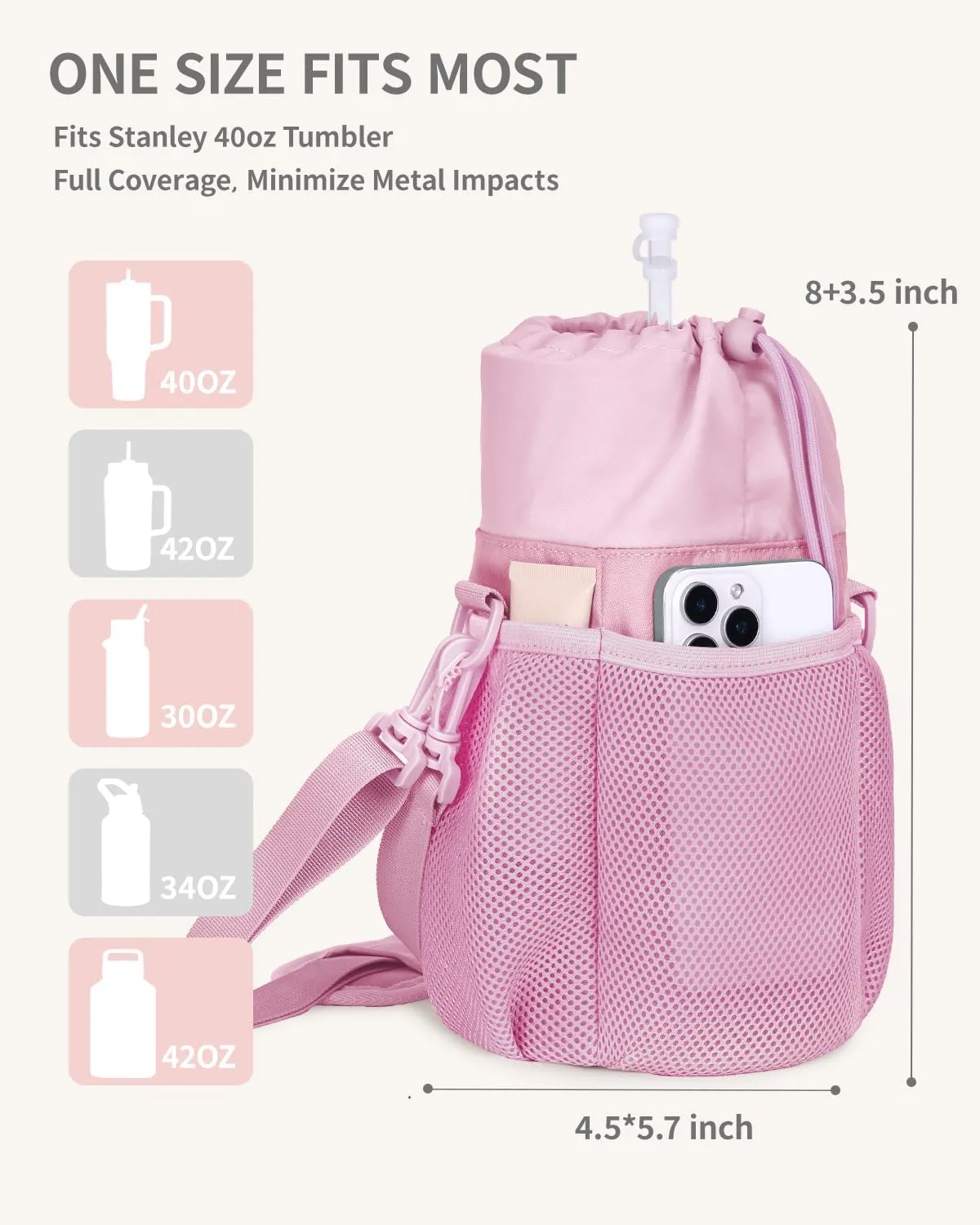 ECOHUB Water Bottle Holder with Strap, Full Coverage Stanley Cup 40/30 oz Tumbler, Insulated Water Bottle Carrier Bag with Back Safety Pocket, Crossbody Sling with Handle for Walking, Patent Pending