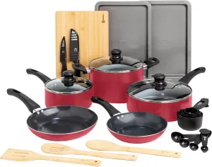Ecolution Easy Clean Ceramic Nonstick Cookware Set, Dishwasher Safe Kitchen Pots and Pans Set, Comfort Grip Handle, Even Heating, Ultimate Food Release, 26-Piece, Red