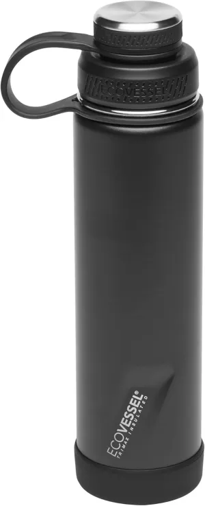 EcoVessel Boulder TriMax® Insulated Stainless Steel Water Bottle with Reflecta™ Insulated Dual Lid, Strainer and Silicone Bottle Bumper – 24 oz (Black Shadow)