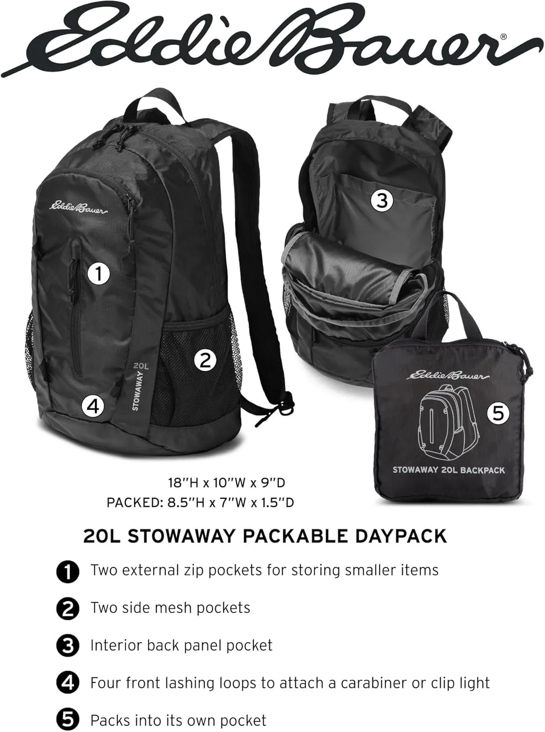 Eddie Bauer Stowaway Packable Backpack-Made from Ripstop Polyester, Lilac, 20L