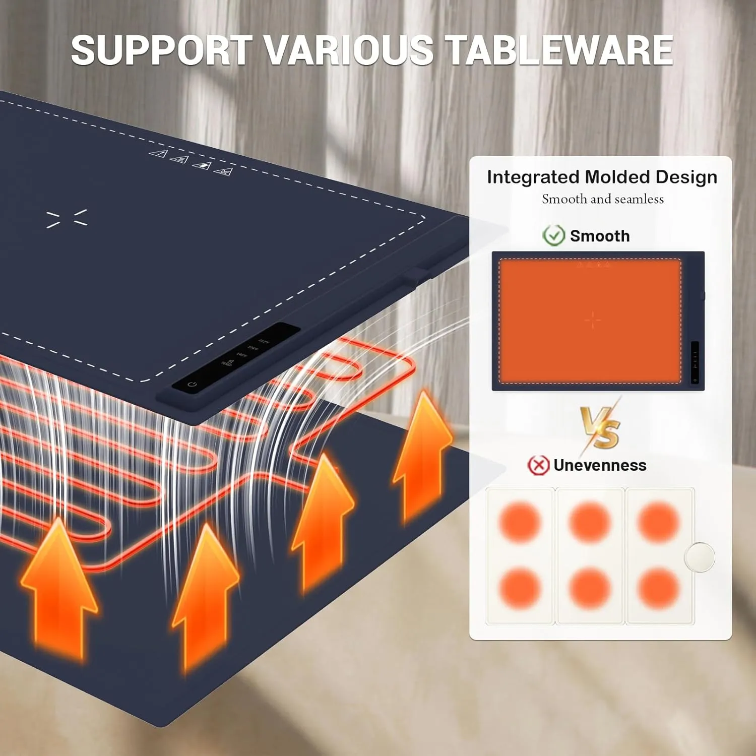 Electric Warming Tray - 3 Modes &Full Surface Heating,Rollable & Portable,Premium Silicone Nano-Material,3 Temperature Settings,Auto Shut-Off -Versatile Food Warmer for Gatherings,Parties (Dark Blue)