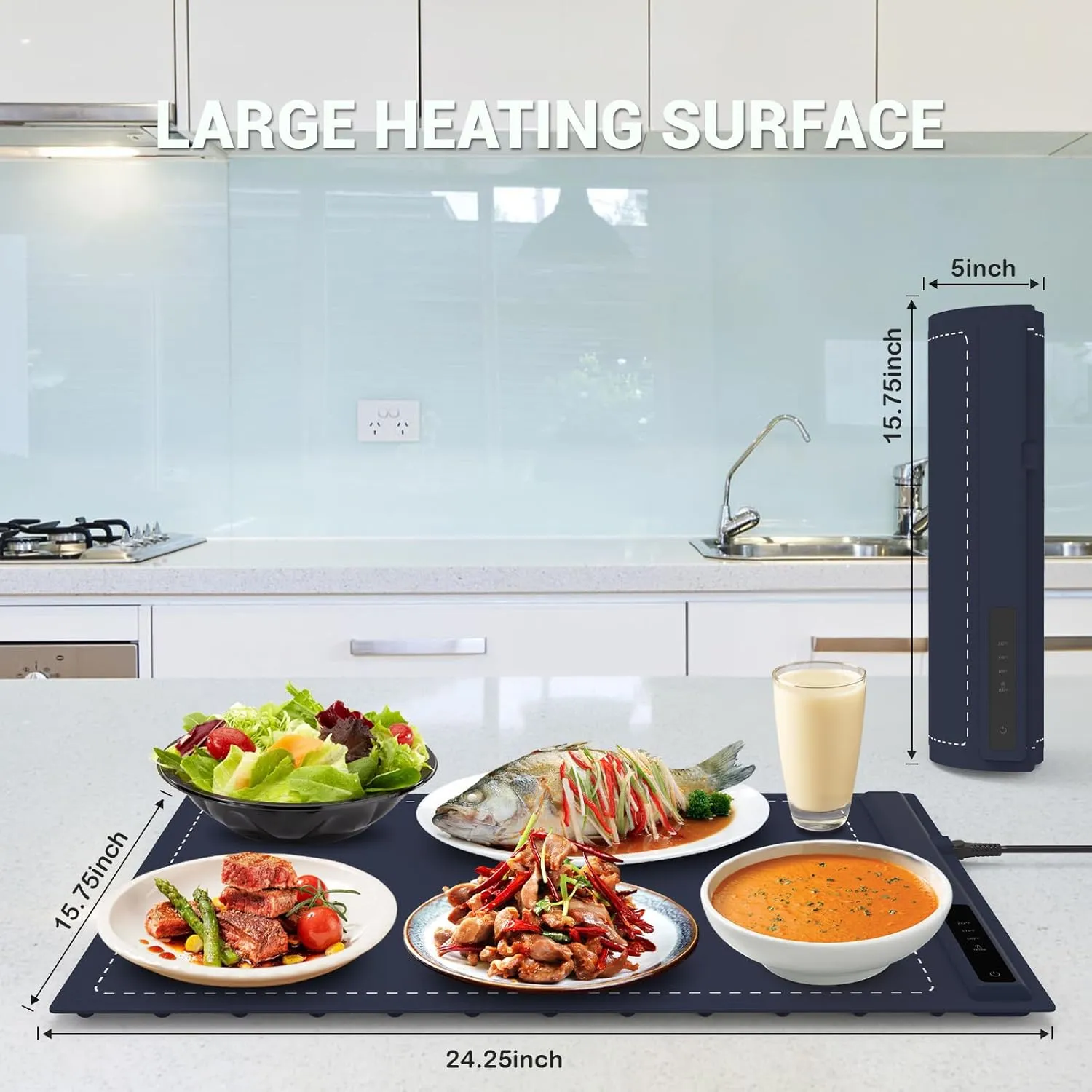Electric Warming Tray - 3 Modes &Full Surface Heating,Rollable & Portable,Premium Silicone Nano-Material,3 Temperature Settings,Auto Shut-Off -Versatile Food Warmer for Gatherings,Parties (Dark Blue)