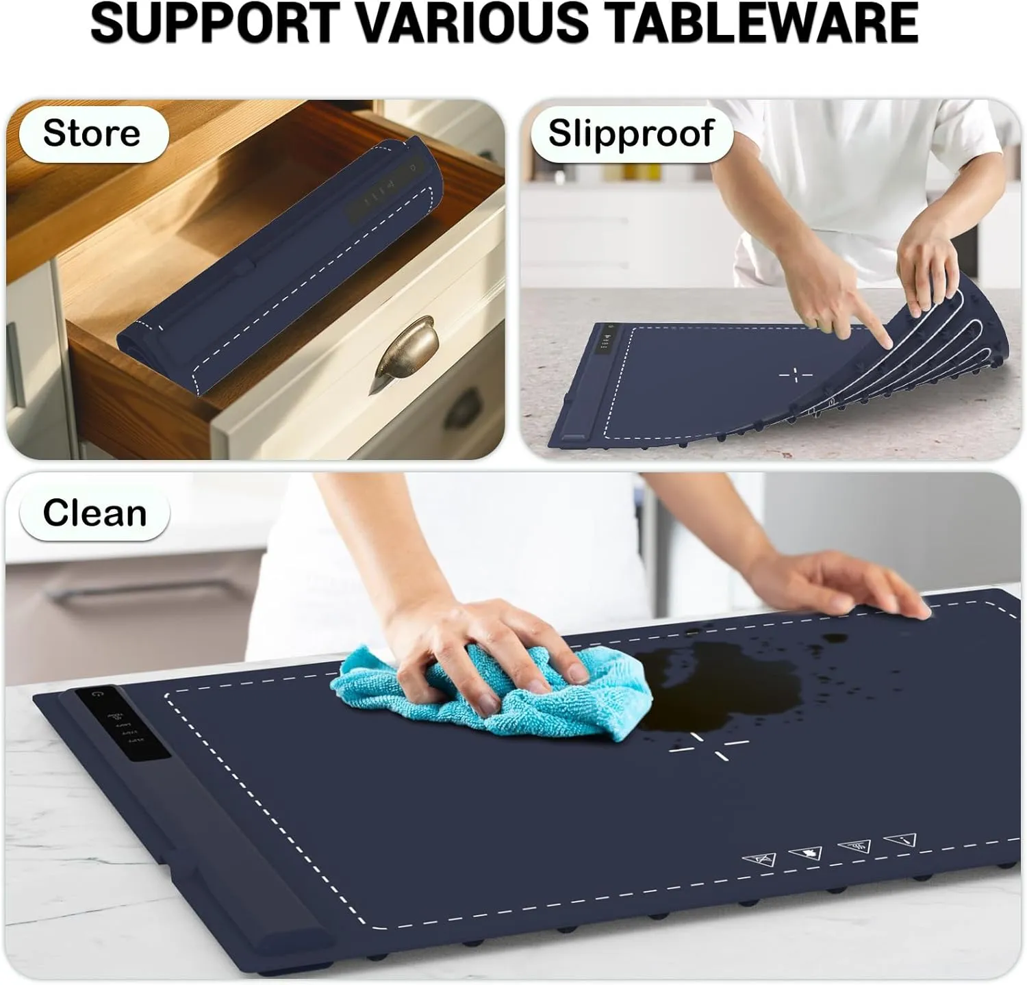 Electric Warming Tray - 3 Modes &Full Surface Heating,Rollable & Portable,Premium Silicone Nano-Material,3 Temperature Settings,Auto Shut-Off -Versatile Food Warmer for Gatherings,Parties (Dark Blue)