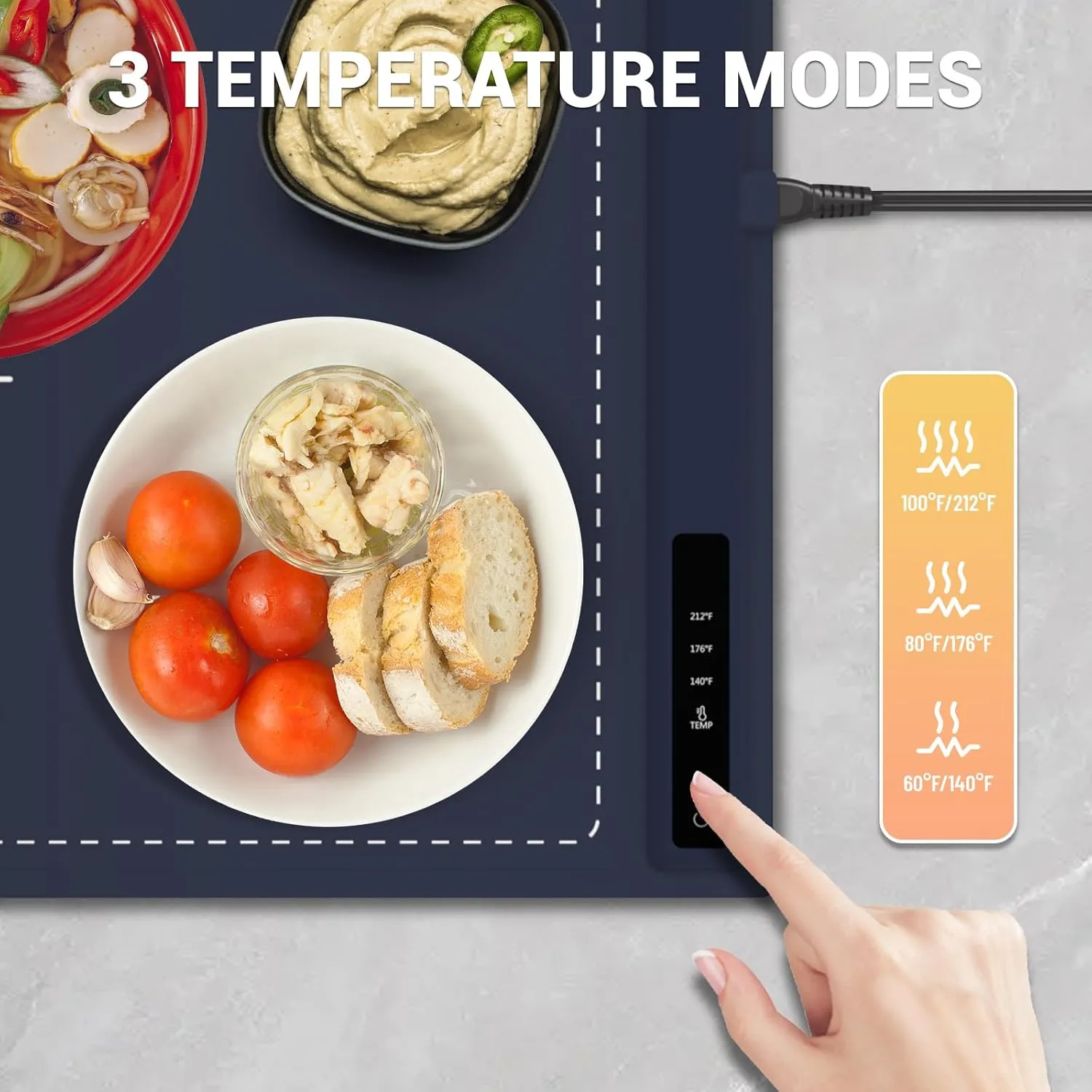 Electric Warming Tray - 3 Modes &Full Surface Heating,Rollable & Portable,Premium Silicone Nano-Material,3 Temperature Settings,Auto Shut-Off -Versatile Food Warmer for Gatherings,Parties (Dark Blue)