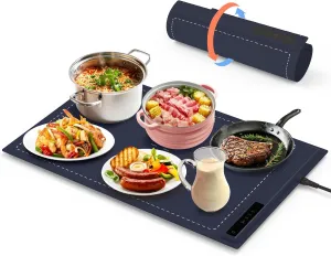 Electric Warming Tray - 3 Modes &Full Surface Heating,Rollable & Portable,Premium Silicone Nano-Material,3 Temperature Settings,Auto Shut-Off -Versatile Food Warmer for Gatherings,Parties (Dark Blue)