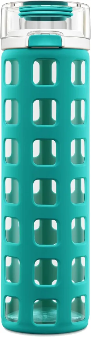 Ello Syndicate 20oz Reusable Glass Water Bottle with One-Touch Leak Proof Flip Lid and Protective Non-Slip Silicone Sleeve and Carry Loop for Coffee, Tea and Water, BPA-free Dishwasher Safe