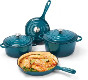 Enameled Cast Iron Cookware Set, 7 Piece Set of Dutch Ovens, Sauce Pan, Skillet, 3 Lids, Dutch Oven Set, Ceramic Coated Cast Iron, Gas/Induction Compatible, PFA Free, Come with Organizer, Biscay Blue