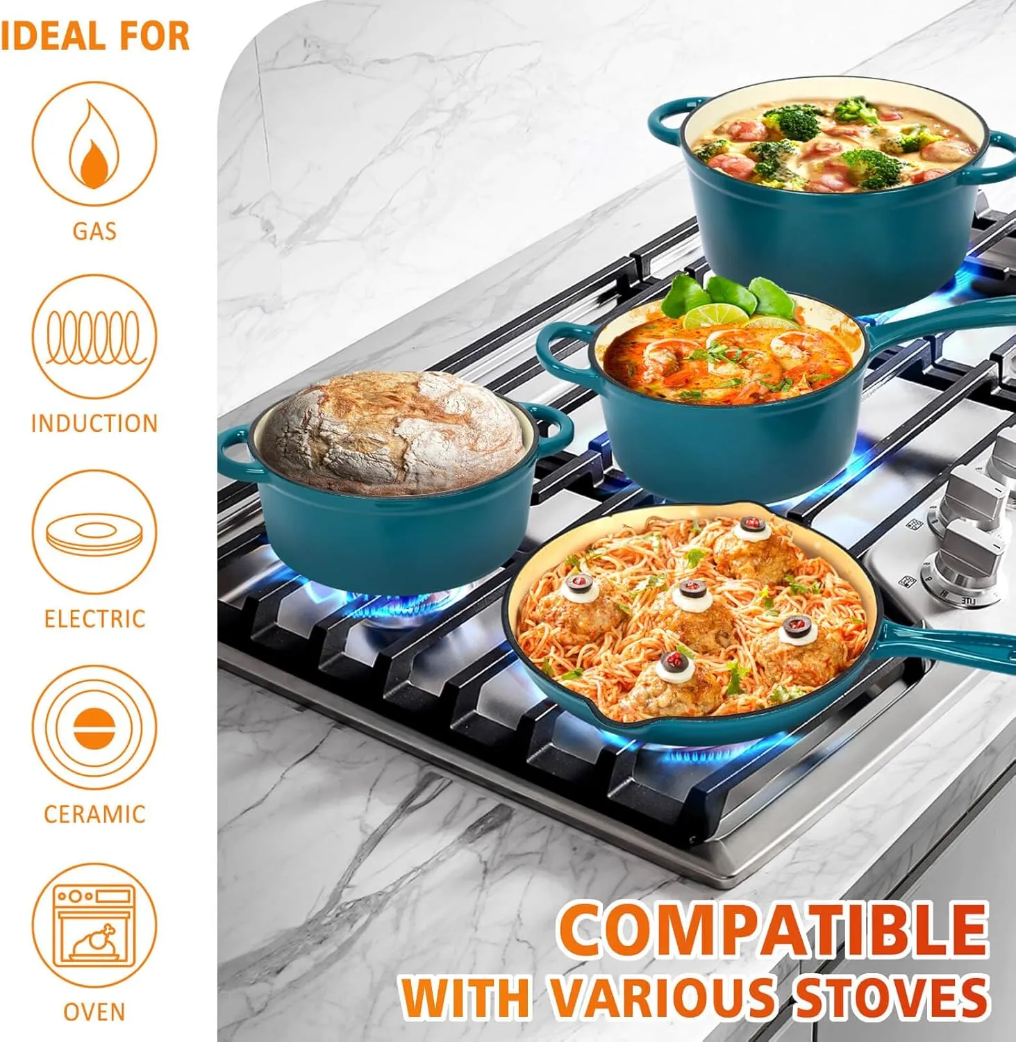 Enameled Cast Iron Cookware Set, 7 Piece Set of Dutch Ovens, Sauce Pan, Skillet, 3 Lids, Dutch Oven Set, Ceramic Coated Cast Iron, Gas/Induction Compatible, PFA Free, Come with Organizer, Biscay Blue