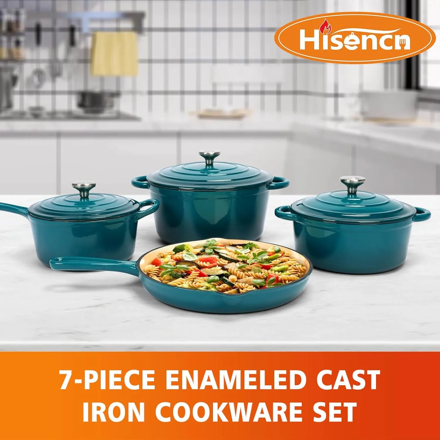 Enameled Cast Iron Cookware Set, 7 Piece Set of Dutch Ovens, Sauce Pan, Skillet, 3 Lids, Dutch Oven Set, Ceramic Coated Cast Iron, Gas/Induction Compatible, PFA Free, Come with Organizer, Biscay Blue