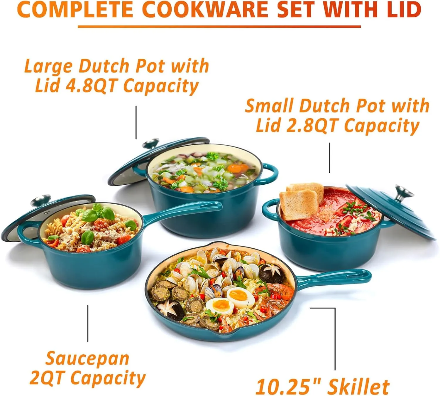 Enameled Cast Iron Cookware Set, 7 Piece Set of Dutch Ovens, Sauce Pan, Skillet, 3 Lids, Dutch Oven Set, Ceramic Coated Cast Iron, Gas/Induction Compatible, PFA Free, Come with Organizer, Biscay Blue