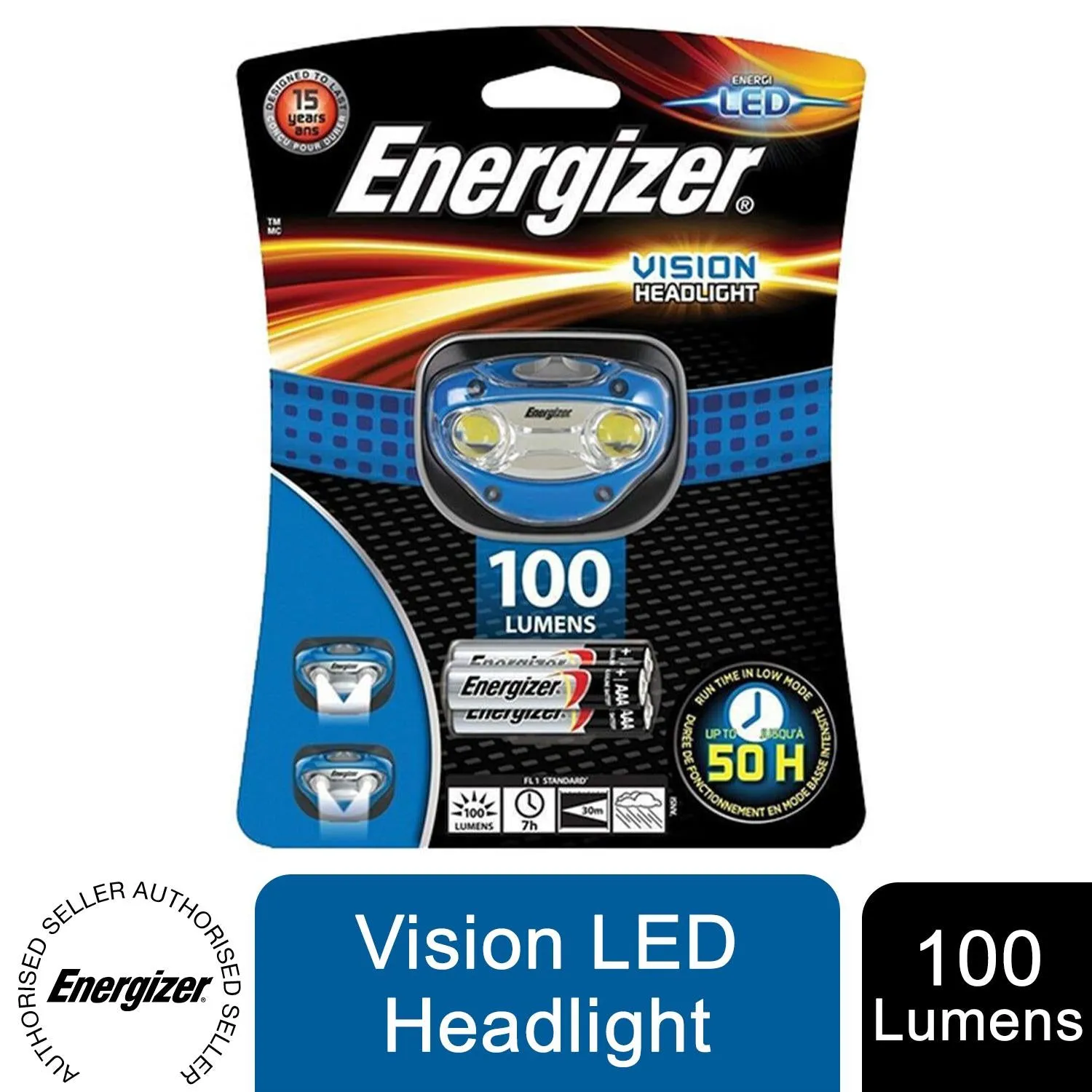 Energizer Durable Battery Powered Up to 100 Lumens Vision LED Headlamp, Blue