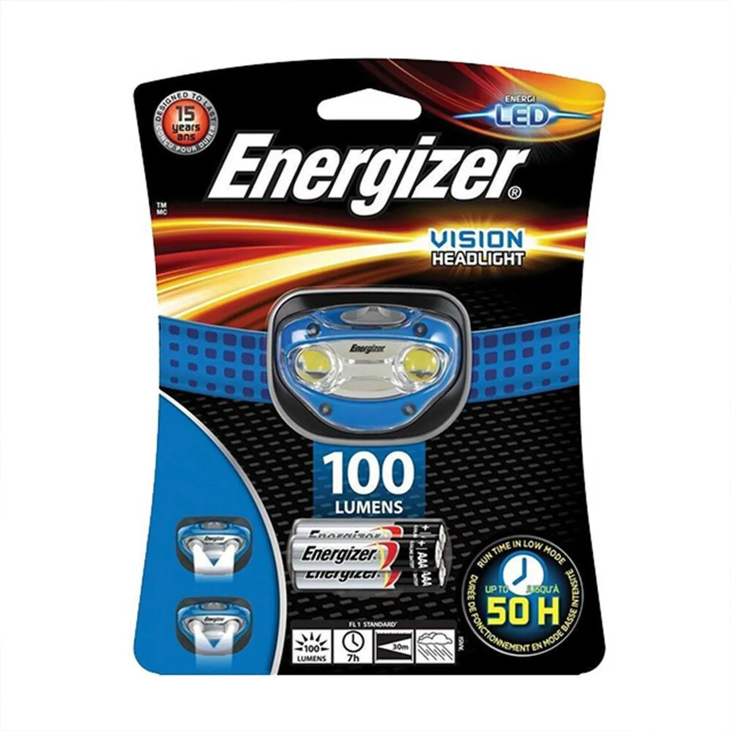 Energizer Durable Battery Powered Up to 100 Lumens Vision LED Headlamp, Blue