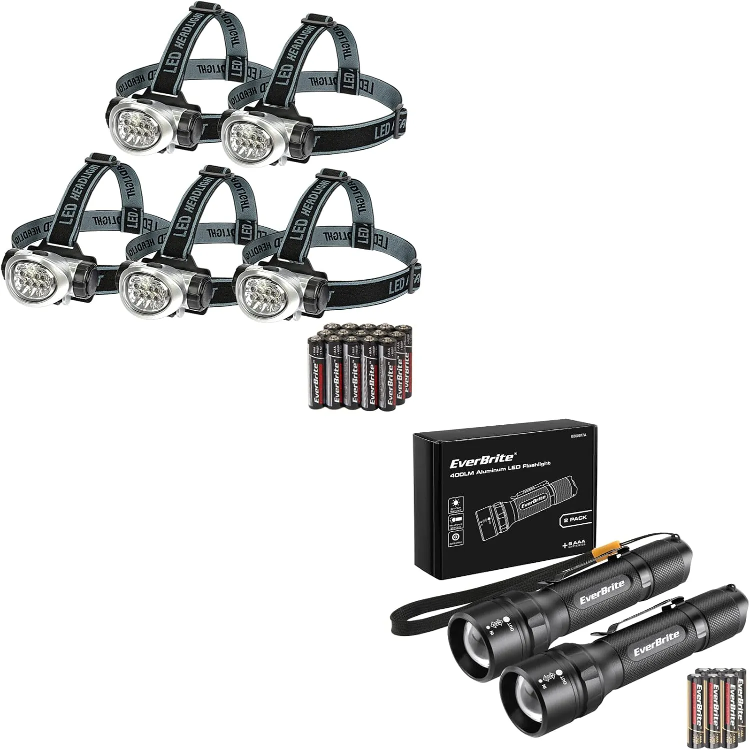 EverBrite 5-Pack LED Headlamp Flashlight EverBrite 400 Lumens Zoomable Flashlight