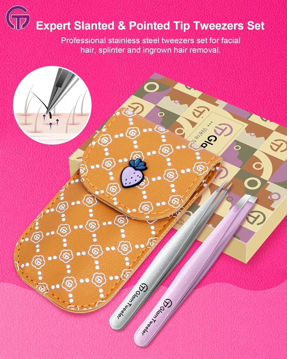 Expert Slant and Point Tip Tweezer Set with Exclusive Storage & Carrying Case, GlamTweeler Sharp & Precision Tweezer Set for Eyebrows, Facial Hairs & Fine Hairs Removal (Sparkle Baby Pink   Silver)