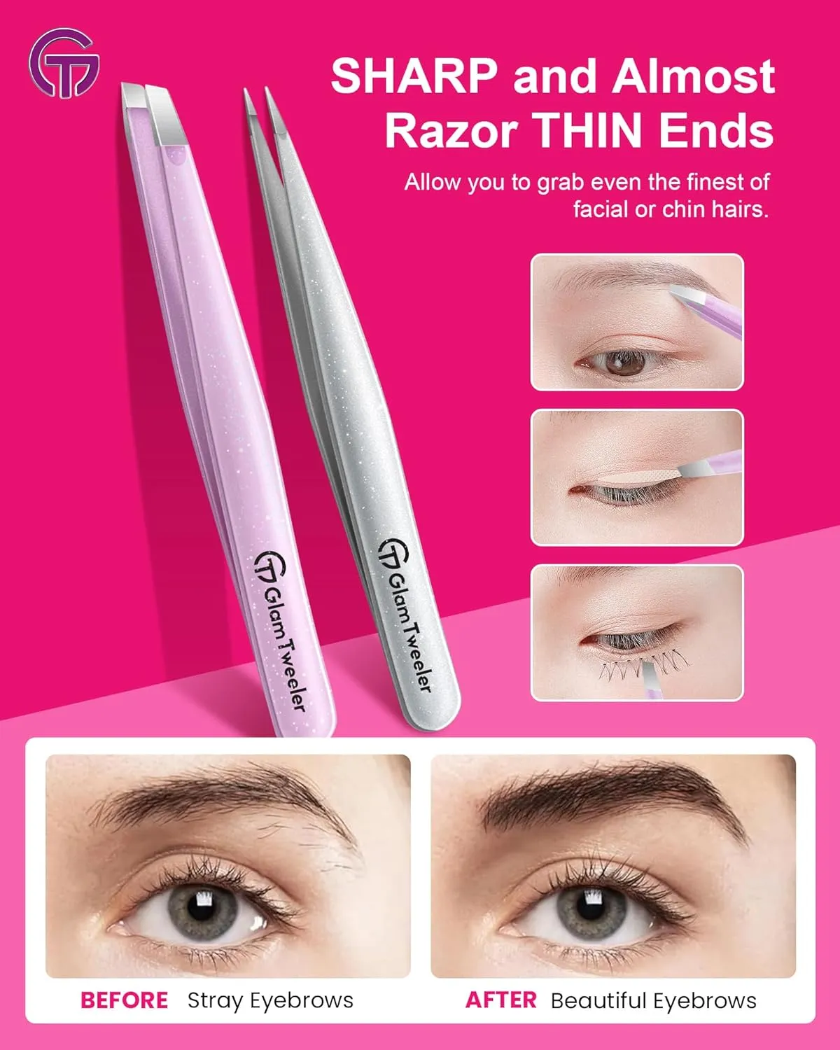 Expert Slant and Point Tip Tweezer Set with Exclusive Storage & Carrying Case, GlamTweeler Sharp & Precision Tweezer Set for Eyebrows, Facial Hairs & Fine Hairs Removal (Sparkle Baby Pink   Silver)