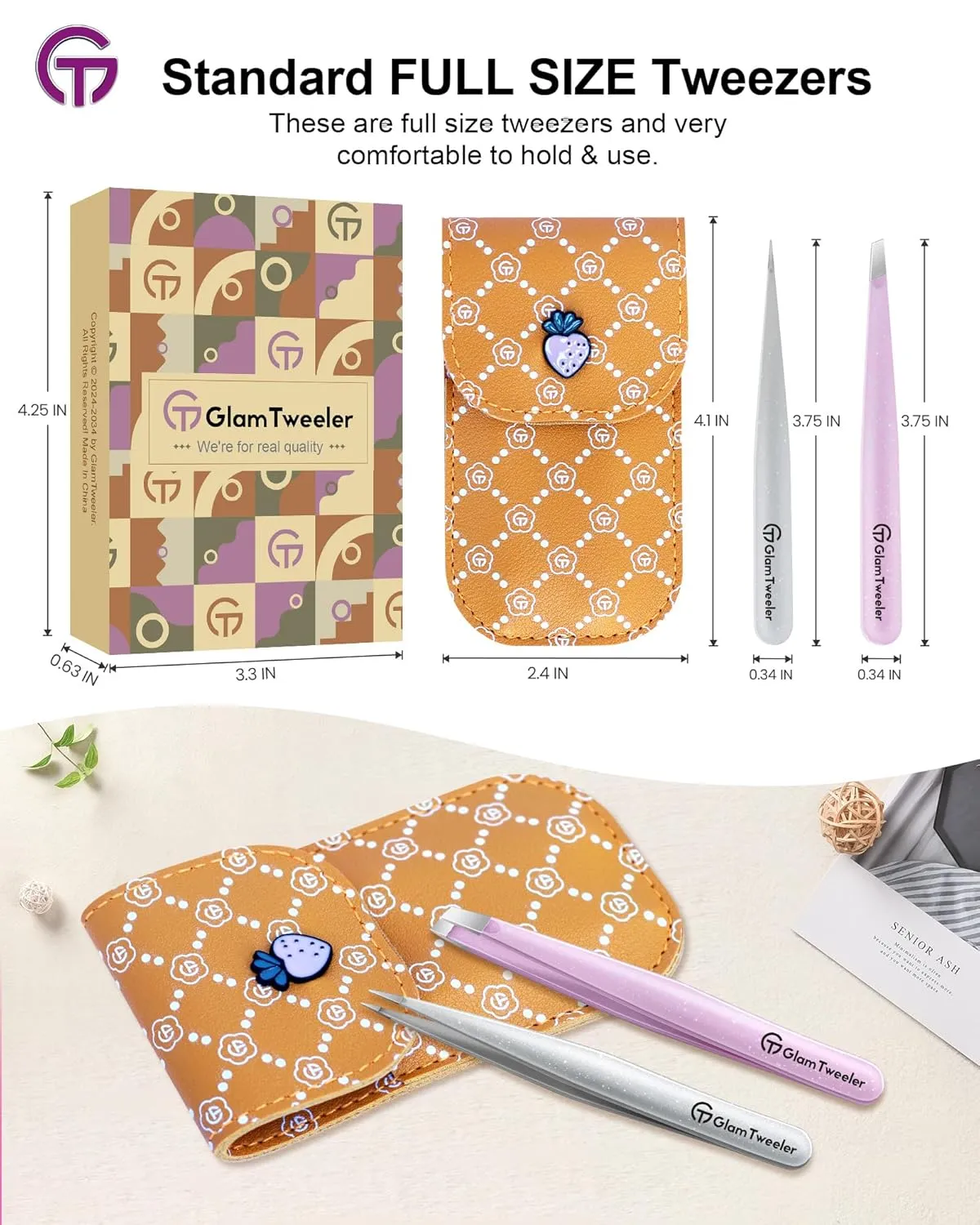Expert Slant and Point Tip Tweezer Set with Exclusive Storage & Carrying Case, GlamTweeler Sharp & Precision Tweezer Set for Eyebrows, Facial Hairs & Fine Hairs Removal (Sparkle Baby Pink   Silver)