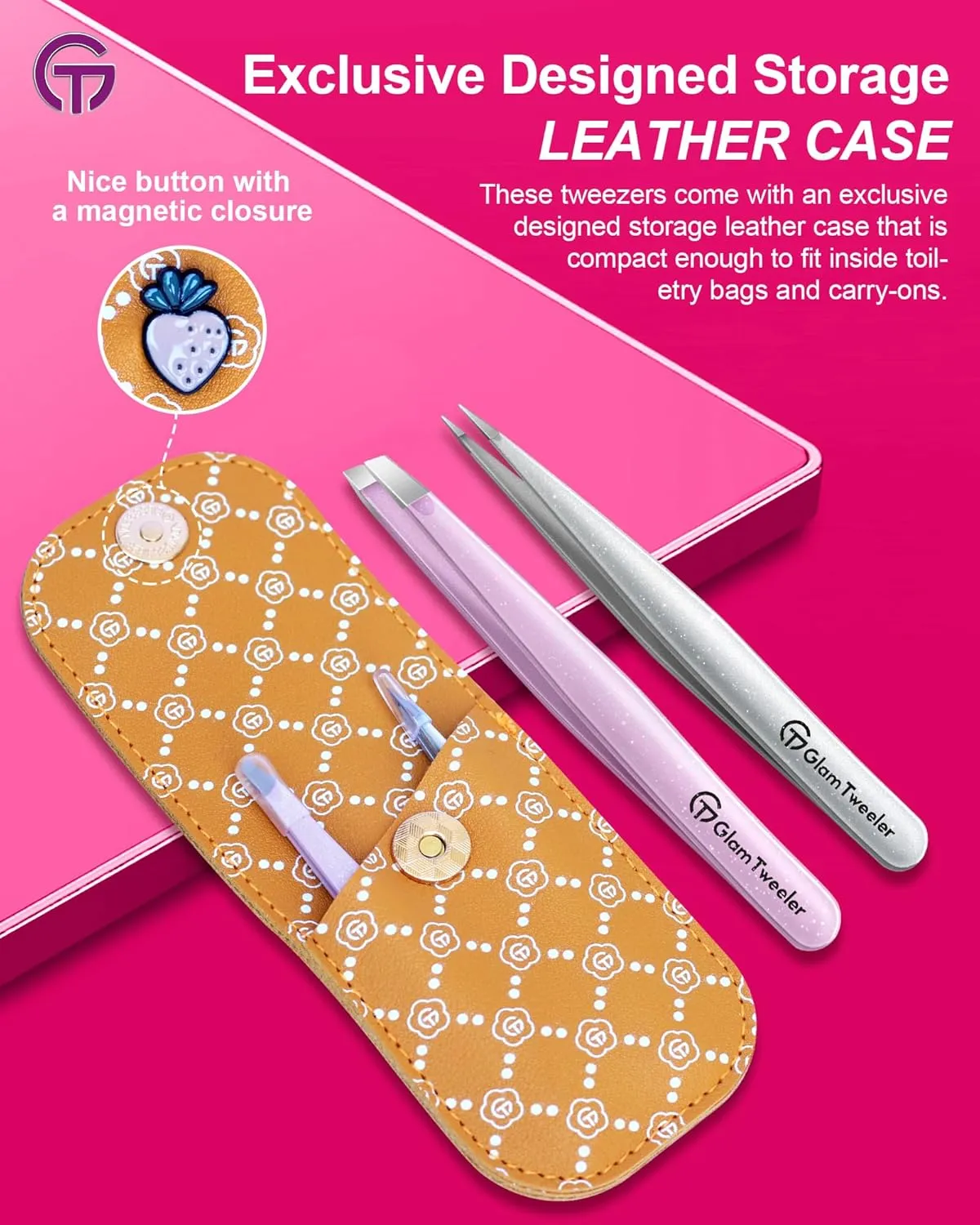 Expert Slant and Point Tip Tweezer Set with Exclusive Storage & Carrying Case, GlamTweeler Sharp & Precision Tweezer Set for Eyebrows, Facial Hairs & Fine Hairs Removal (Sparkle Baby Pink   Silver)