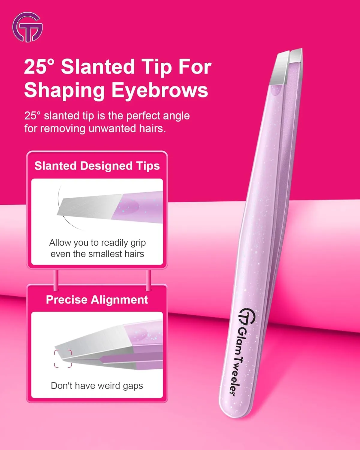 Expert Slant and Point Tip Tweezer Set with Exclusive Storage & Carrying Case, GlamTweeler Sharp & Precision Tweezer Set for Eyebrows, Facial Hairs & Fine Hairs Removal (Sparkle Baby Pink   Silver)