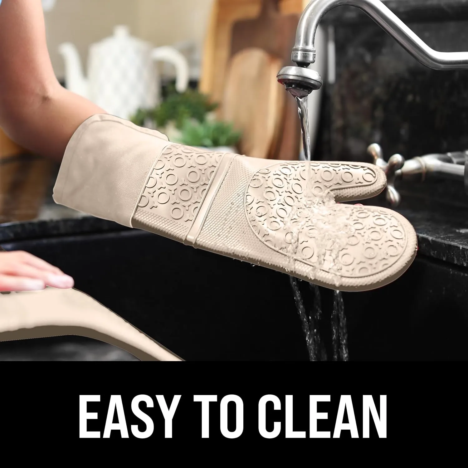 Extra Long Professional Silicone Oven Mitt, Oven Mitts with Quilted Liner, Heat Resistant Pot Holders, Flexible Oven Gloves, 1 Pair (Beige, 14.7 inch)