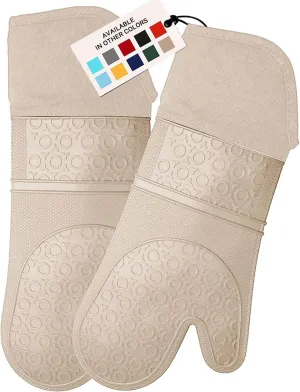 Extra Long Professional Silicone Oven Mitt, Oven Mitts with Quilted Liner, Heat Resistant Pot Holders, Flexible Oven Gloves, 1 Pair (Beige, 14.7 inch)